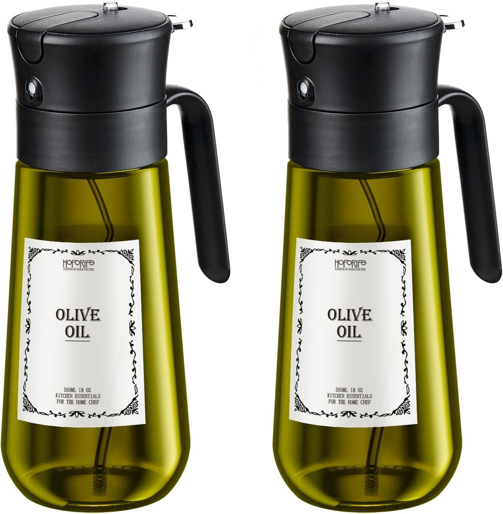 2 PCS Glass Olive Oil Dispenser for Kitchen, 2 In 1 Oil Dispenser Bottle & Oil Sprayer for Cooking, Auto Flip Cap, 17oz Black (Light Blockage)