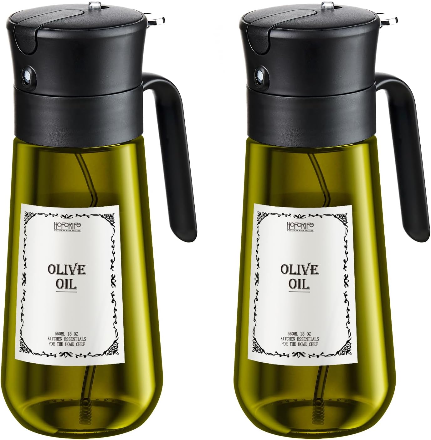 2 PCS Glass Olive Oil Dispenser for Kitchen, 2 In 1 Oil Dispenser Bottle & Oil Sprayer for Cooking, Auto Flip Cap, 17oz Black (Light Blockage)