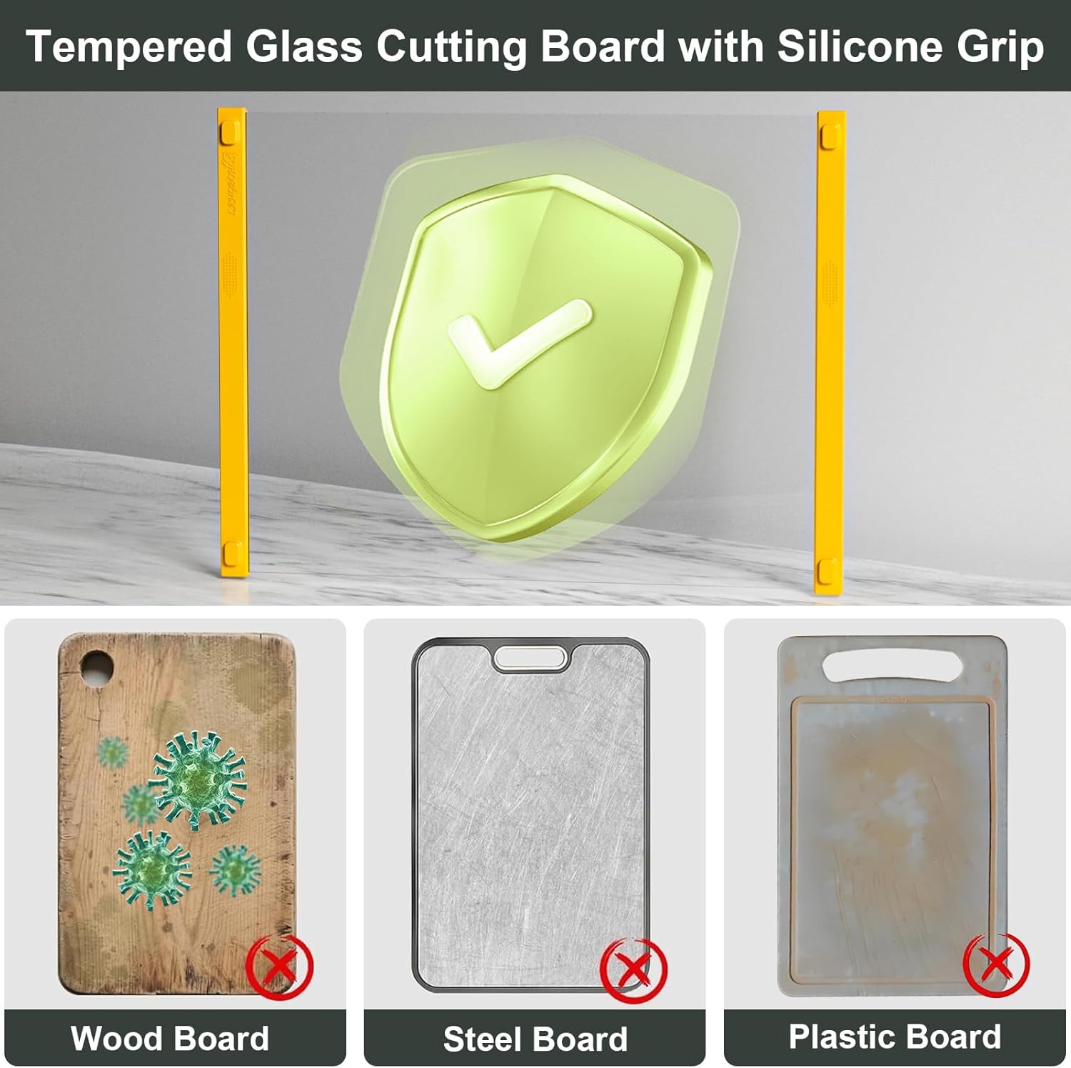 Glass Cutting Board with Silicone Grip, 80% Stronger Shatter Resistance and Slip Resistance,No Scratches/Microplastic-Free,Dishwasher Safe, Non Toxic Cutting Board for Kitchen (Yellow-12*8"&16*12")