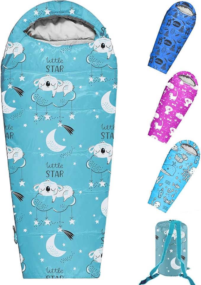 KidzAdventure Mummy Style 32 – 59F Kids Sleeping Bag with Pillow Sleeve, 4 Season, Lightweight and Backpacking Style, Ideal for Camping, Sleepover, Boys, Girls, Youth and Toddlers