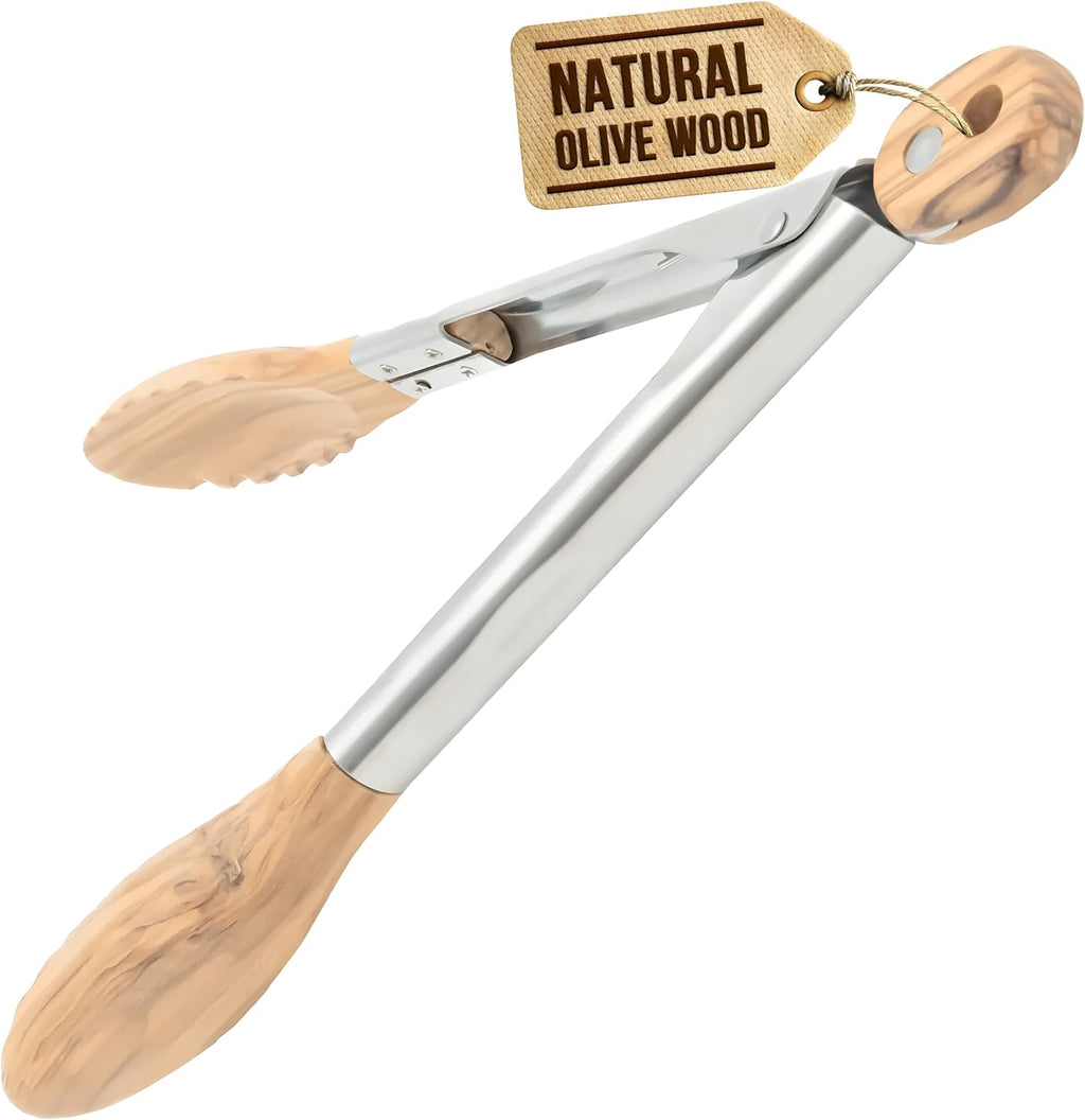 Boxiki Kitchen Tongs for Cooking with Wooden Tips - Wooden Tongs Ideal for BBQ, Salad, Toaster, Bread & Pickles - Made of Natural Olive Wood, Size 12 Inch