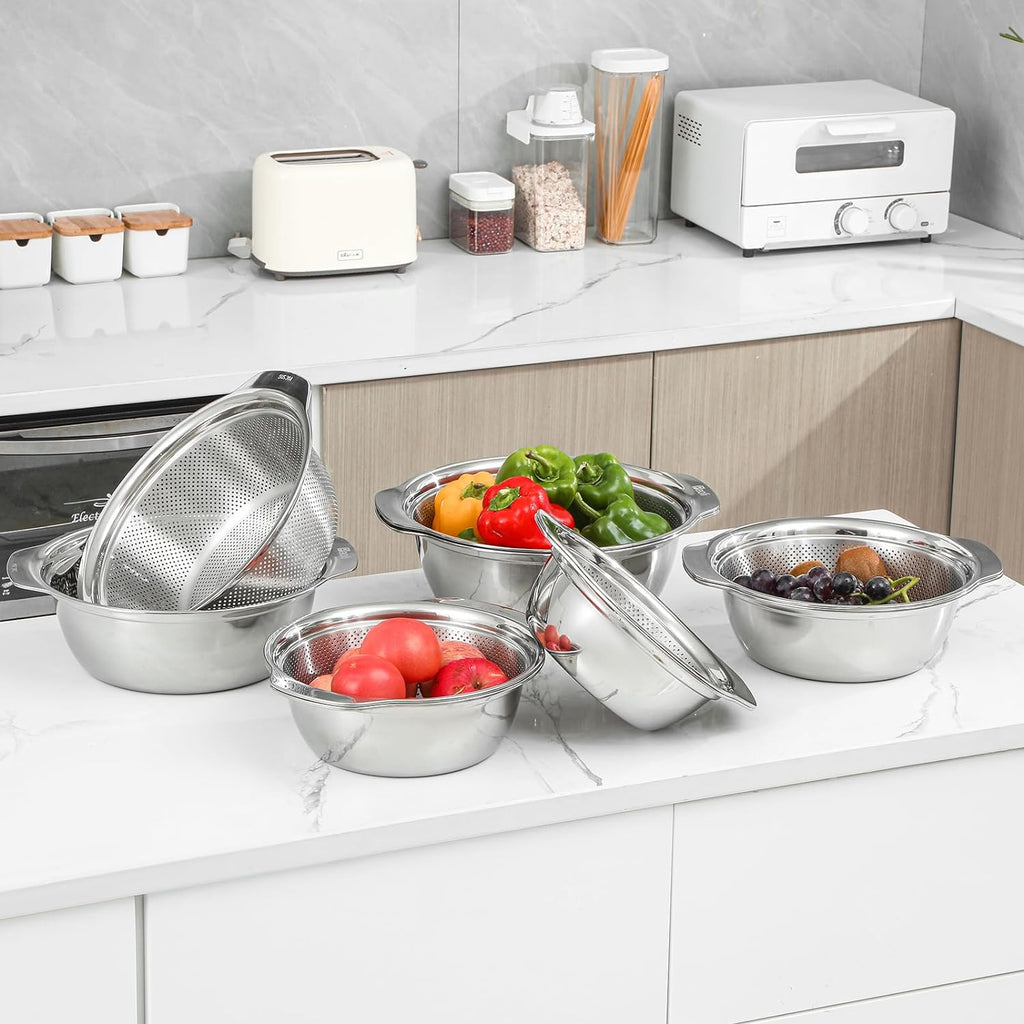 304 Stainless Steel Microporous Colander with Handle, Rice Washers Microporous Strainer Set For washing vegetables, fruits and rice, and draining cooked pasta(4QT with handle-Gold)