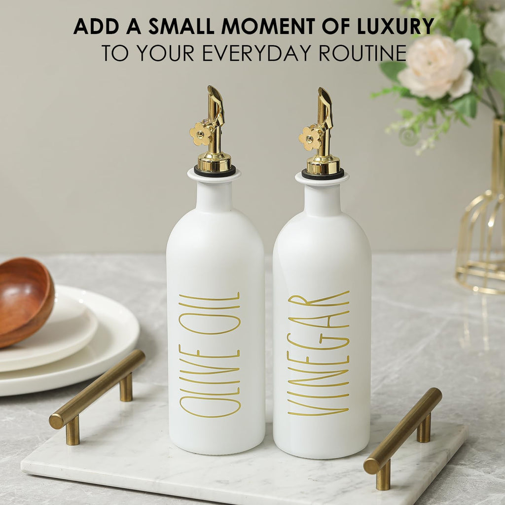 HOMCDALY 16oz Olive Oil Dispenser Bottles for Kitchen, Gold Oil&Vinegar Dispenser Set, Glass Oil Dispenser for Kitchen with Bamboo Tray | Set of 2 (16oz-P-Gold)