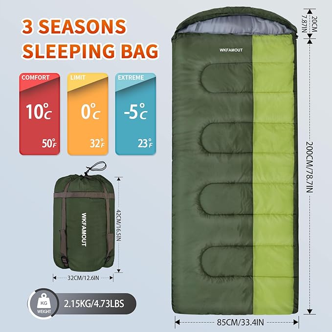 XL 10 Degree Sleeping Bags Waterproof for Adults 350GSM Machine Washable with Compression Sack for 3-4 Season Camping Outdoor