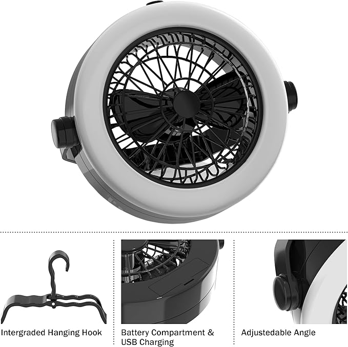 2-in-1 Camping Lantern with Fan Set - Set of 2 Portable Camping Lights with 12 Bright LED Bulbs, USB, and Rechargeable Battery by Wakeman