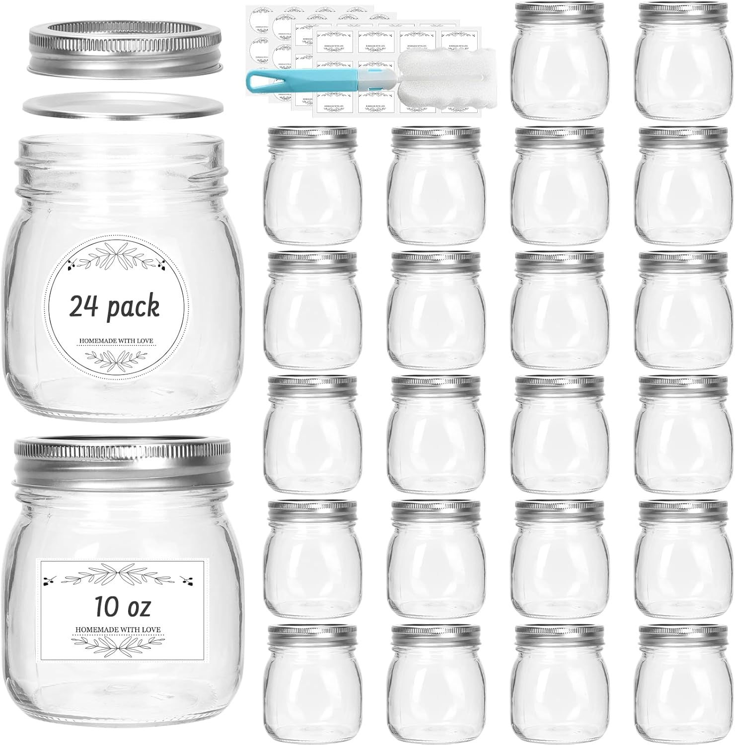 10 oz Glass Mason Jars, 24 Pack Regular Mouth Glass Canning Jars with Silver Aluminum Lids and Bands, Airtight Jam Jars for Food Storage, Pickling, Fermenting, Honey, Jelly, DIY Candles Decor