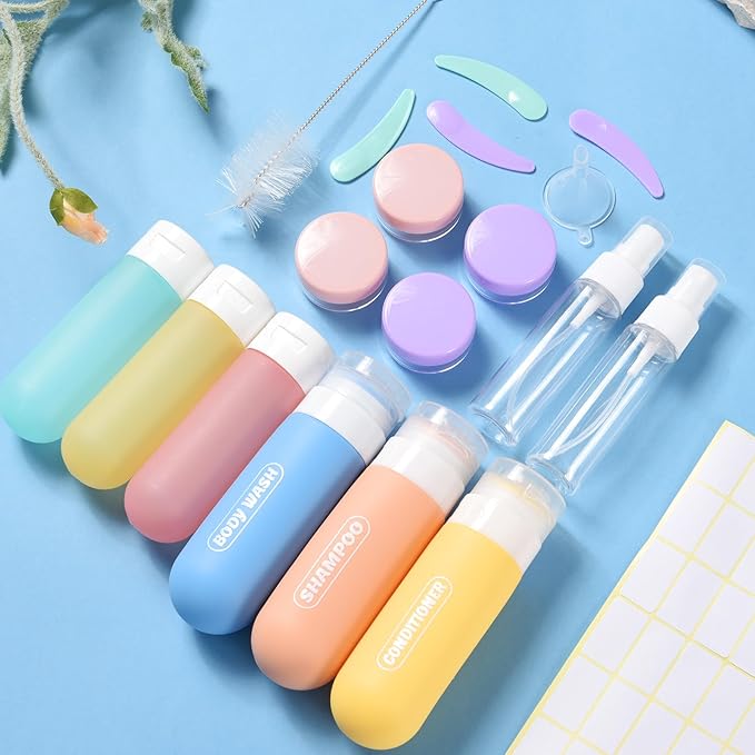 20 Pack Travel Bottles Set, TSA Approved Travel Size Toiletries Containers, Leak Proof Shampoo and Conditioner Bottles, Refillable Travel Essentials Toiletry Bottles (Light Color)