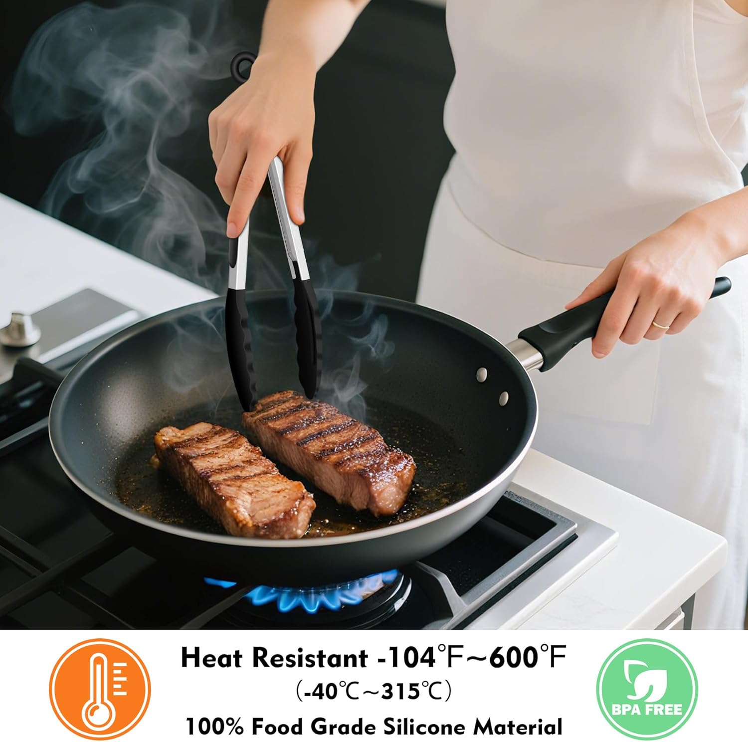 Hotec Silicone Kitchen Tongs for Cooking 9-Inch Serving Tongs with Silicone Tips, Set of 3 (Black Grey Khaki)