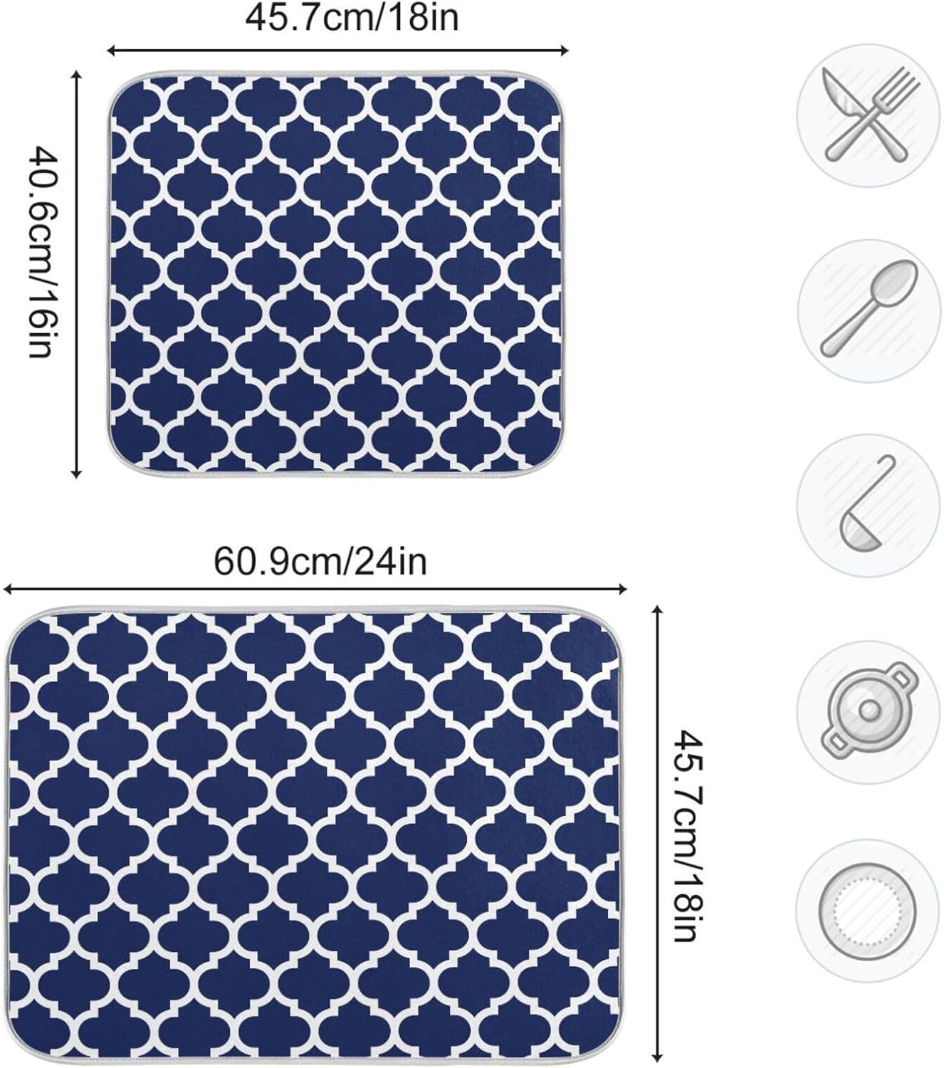 Navy Blue Trellis Lattice Dish Drying Mat for Kitchen Counter Absorbent Microfiber Drying Pad, Large 18x24 in, Reversible Drainer Mats