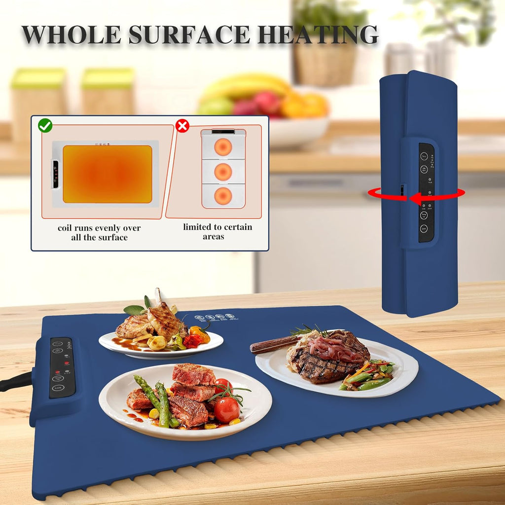 Food Warming Mat,Portable Food Warmer Full Surface Heating,Rapid Heating Electric Warming Tray for Parties|Gatherings,Warming Mat with Auto Shut Off,3 Temperature Controls,Easy to Use