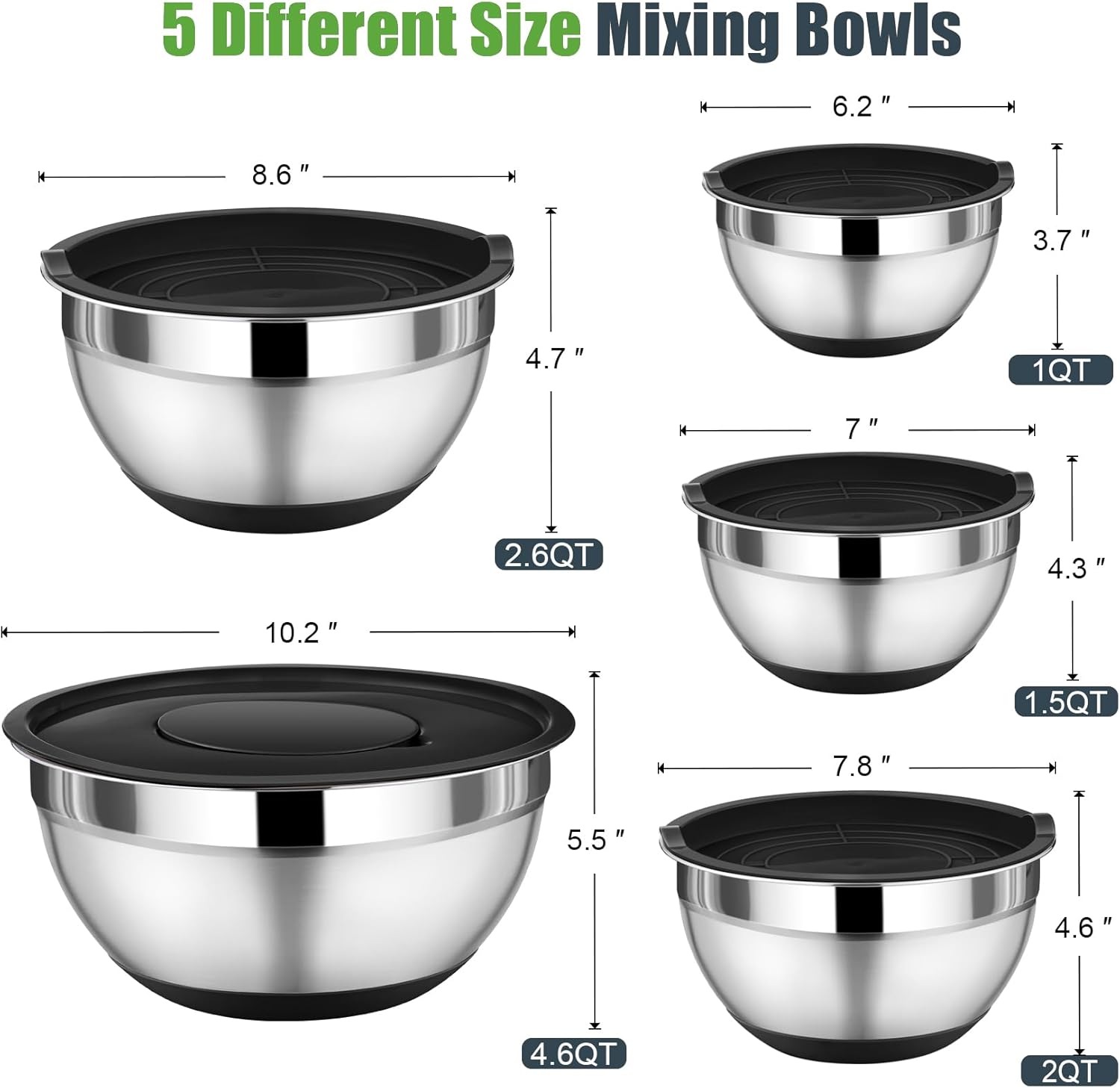 P&P CHEF Mixing Bowl with Lid Set, 5 Piece Stainless Steel Mixing Nesting Bowls for Salad Storage, 3 Grater Attachments & Non-Slip Bottoms, Size 1/1.5/2 / 2.6/4.6 QT, Black