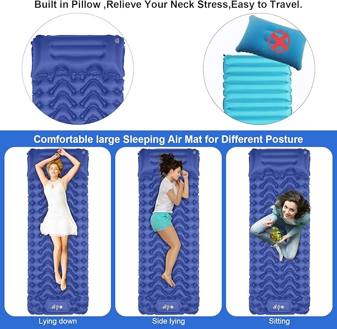 Sleeping Pad, Ultralight Inflatable Sleeping Pad for Camping, Built-in Pump, Ultimate for Camping, Hiking, Airpad, Carry Bag, Repair Kit, Compact & Lightweight Air Mattress(Blue)