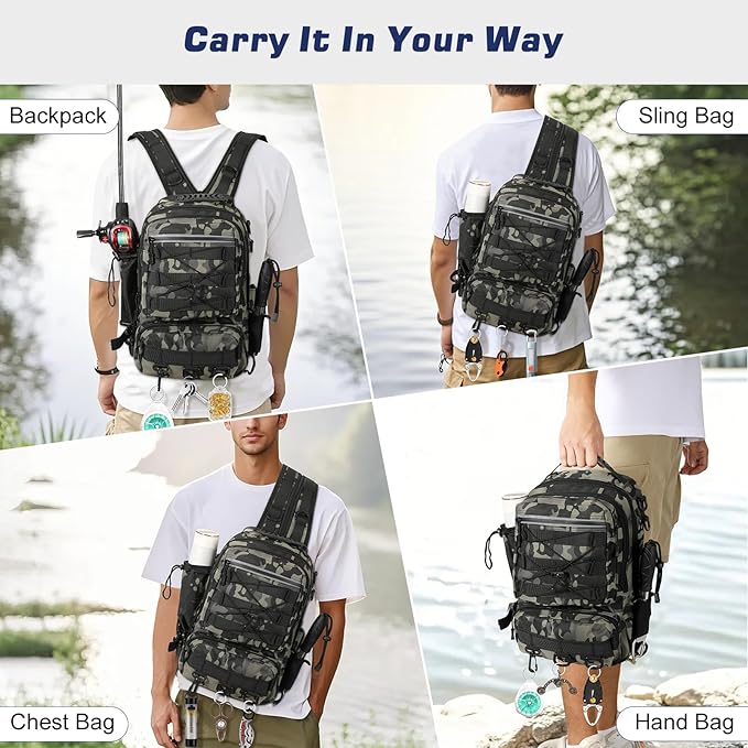 MoKo Fishing Backpack Sling Bag with Rod & Gear Holder, Nylon Waterproof Fishing Tackle Storage Bag for Fishing