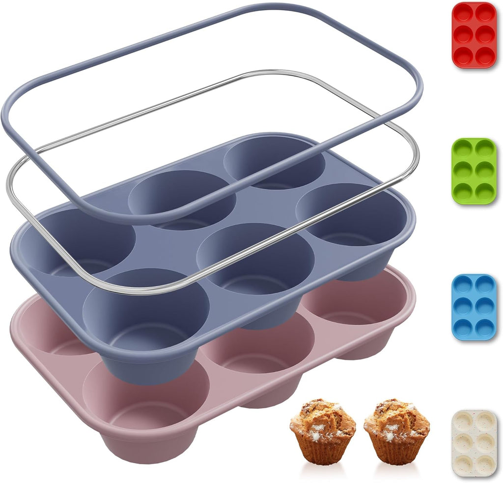 2 Pack 6 Cups Jumbo Muffin Pan with Metal Reinforced Frame Silicone Molds Egg Bites Silicone Circle Cookie Molds Extra Large Muffin Tin Jumbo Tart Pans Baking Sheet Set for Sandwiches