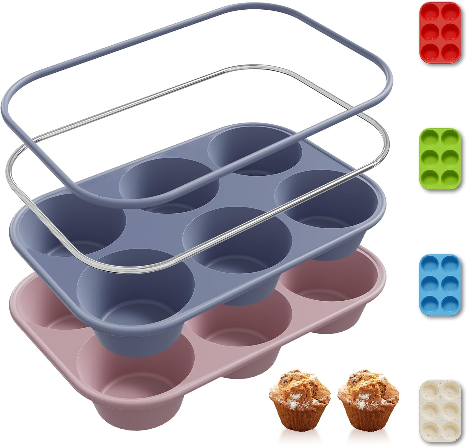 2 Pack 6 Cups Jumbo Muffin Pan with Metal Reinforced Frame Silicone Molds Egg Bites Silicone Circle Cookie Molds Extra Large Muffin Tin Jumbo Tart Pans Baking Sheet Set for Sandwiches