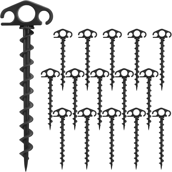 Tent Stakes Sand Stakes for Beach Tent 16 Pack Spiral Anchor Stakes 9.4 Inch Heavy Duty Screw Canopy Stakes for Camping, Hiking and More (16, Black)