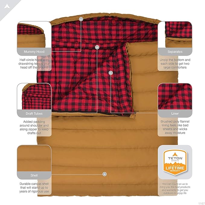 Teton Mammoth Queen Size Double Sleeping Bag- A Warm Bag The Whole Family can Enjoy – Great for Camping, Hunting and Base Camp. Compression Sack Included