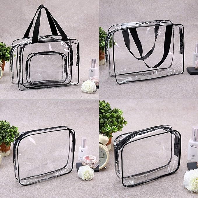 5Pcs Crystal Clear PVC Travel Toiletry Bag Kit for Women Men, Waterproof Vinyl Packing Organizer Storage Bags with Zipper Handle Straps, Cosmetic Pouch Carry on Airport Airline Compliant Bag Handbag