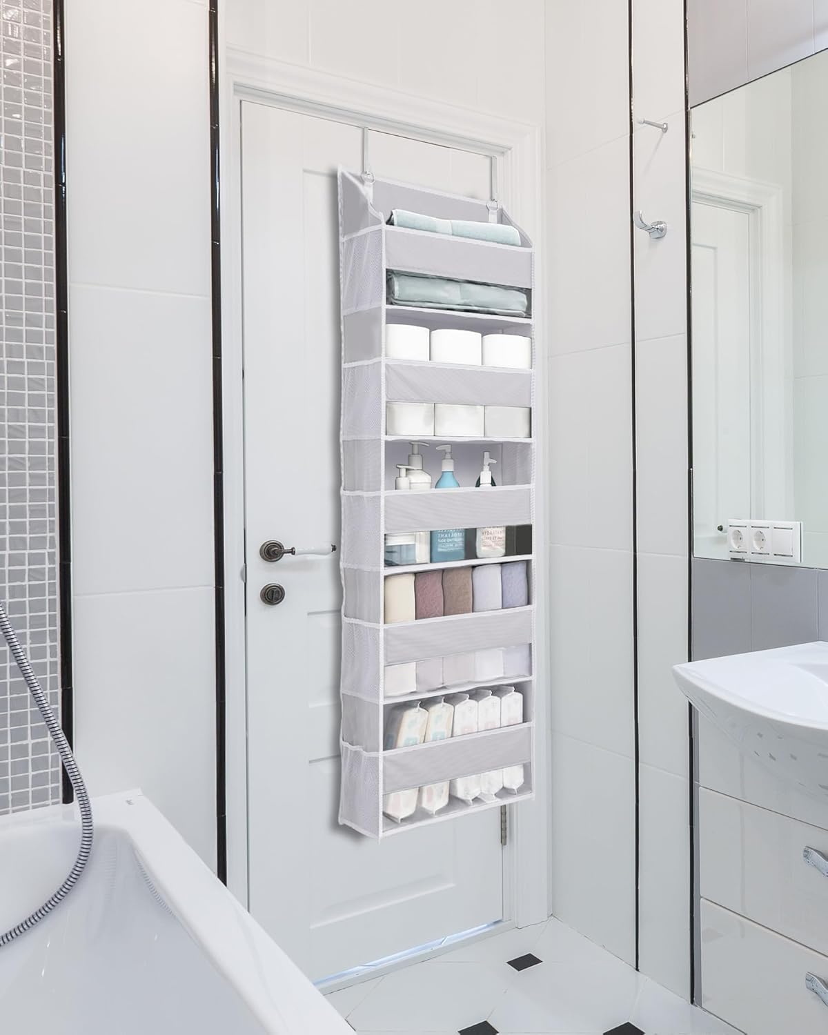 ULG 1 Pack Over Door Organizer with 5 Large Pockets 10 Mesh Side Pockets, 44 lbs Weight Capacity Hanging Storage Organizer with Clear Window for Kids Toys, Shoes, Diapers, Grey, 5 Layer