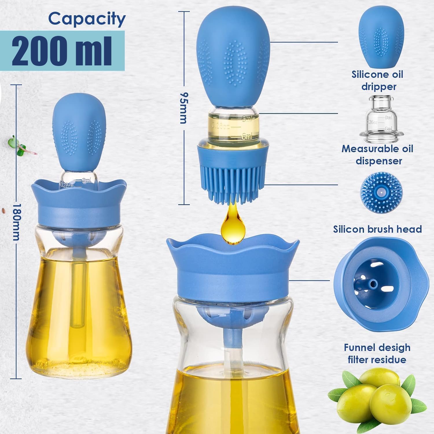 Oil Dispenser with Brush-2Pack 7oz/200ML 2 IN 1 Glass Cooking Oil Dispenser Bottle with Silicone Basting Brush for Kitchen, Oil Storage and Container for Cooking BBQ, Vinegar, Sauce, Air Fryer- Blue