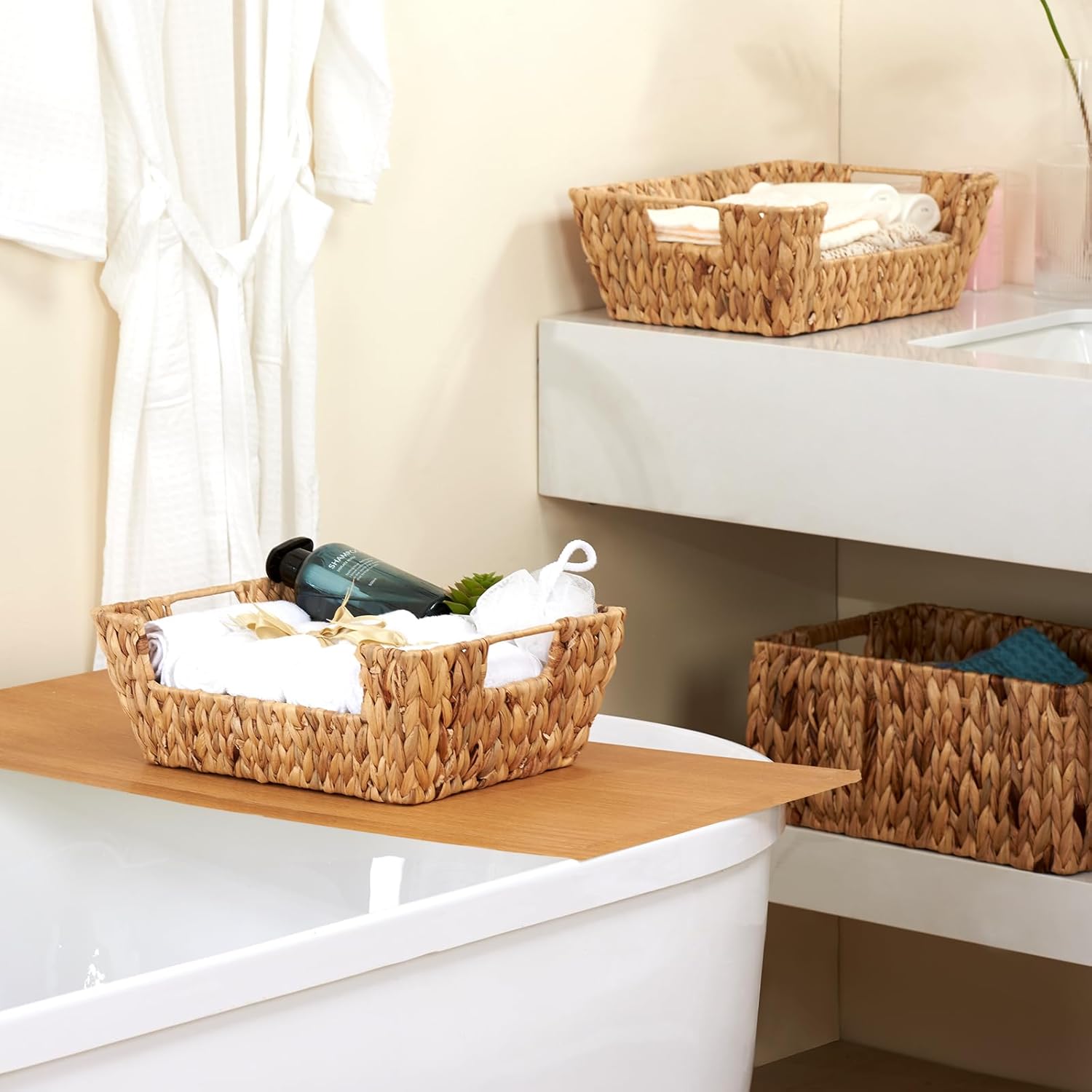 Water Hyacinth Wicker Basket 2 Pack With Handles - Pantry Storage and Organization, Handmade Large Natural Baskets for Organizing