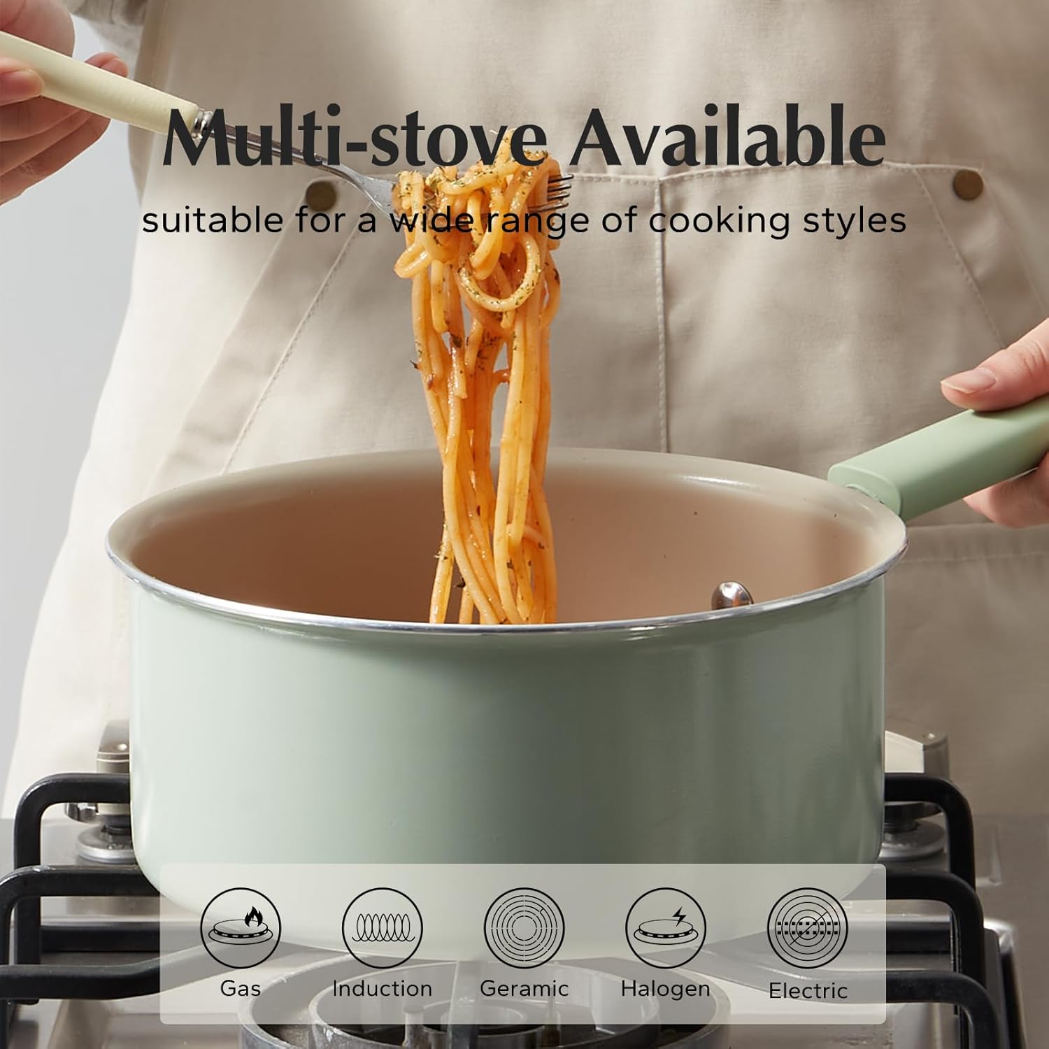 Redchef Ceramic Nonstick Saucepan with Lid, 2.5QT Small Cooking Pot, Non Toxic Sauce Pans for Kitchen, Cool Handle PFAS Free Compatible with All Cooktops, Green