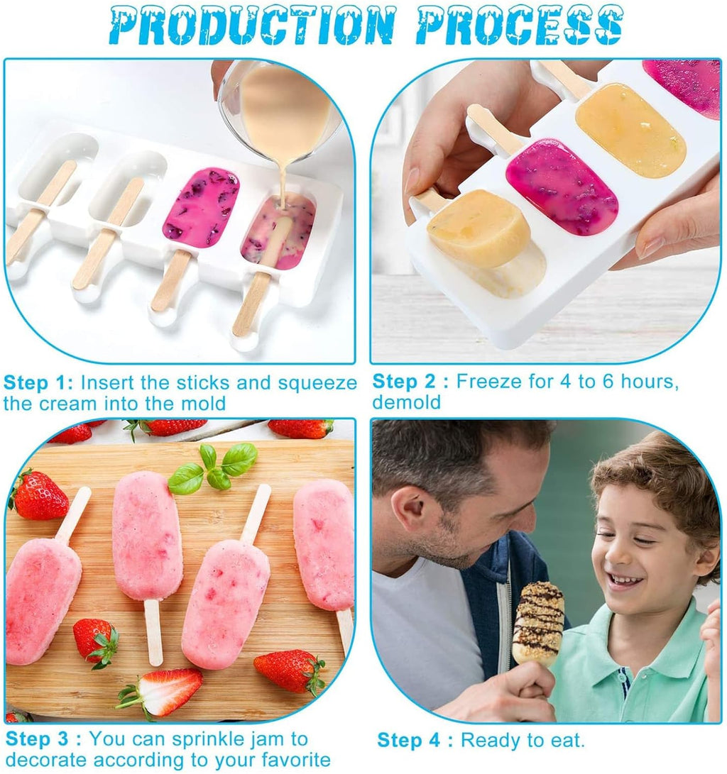 2 Larger Cakesicle Molds Silicone with 100 Wooden Sticks & 100 Parcel Bags, Silicone Popsicles Molds, Cake Pop Mold, Ice Pop Mold 4 Cavities DIY Ice Cream Mold