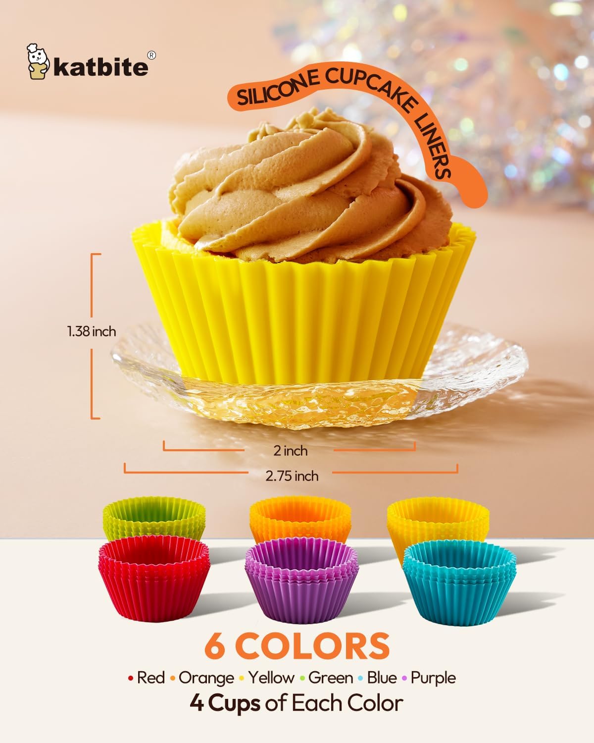 Katbite Silicone Cupcake Liners 24 Pack - Non-stick Silicone Muffin Liners Set, Thick & Heavy Duty Cupcake Molds - Perfect for Party Halloween Christmas Bakery Supplies, Multicolor