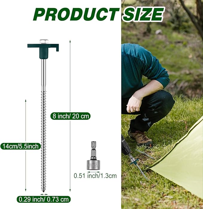 Tandefio 20 Pcs 8 Inch Screw in Tent Stakes Heavy Duty Drill in Ground Anchor Pegs Metal Stakes Screws Hex Pegs Drillable Camping Threaded Tent Spike with Hex Head Driver (Green)