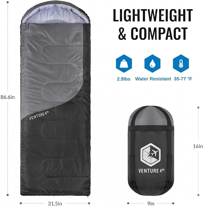 VENTURE 4TH Backpacking Sleeping Bag – XXL, Double and Single Sizes - Lightweight Warm & Cold Weather Sleeping Bags for Adults, Kids & Couples – Ideal for Hiking, Camping & Outdoor Adventures