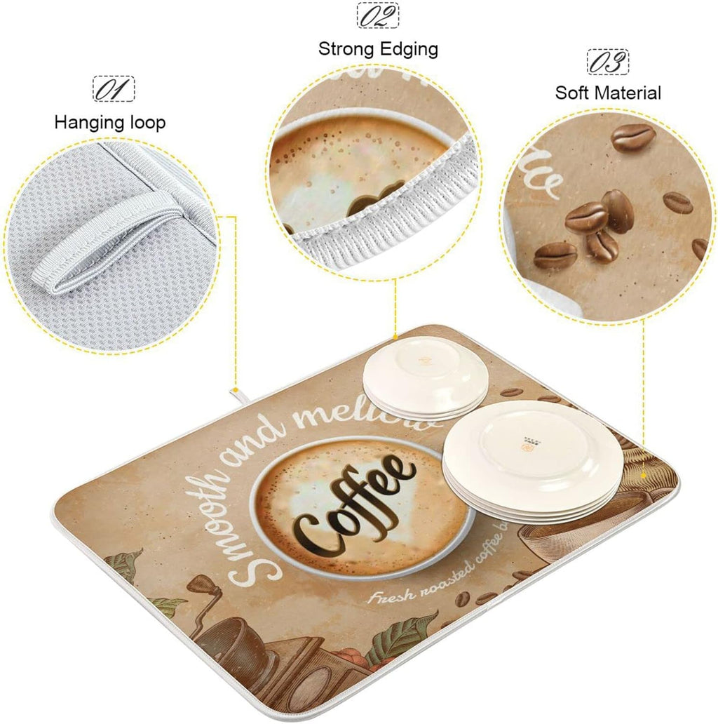 senya Super Absorbent Dish Drying Mat, Microfiber Fast-Drying 24'' x 18'', Kitchen Pad, Coffee Cup Retro Brown