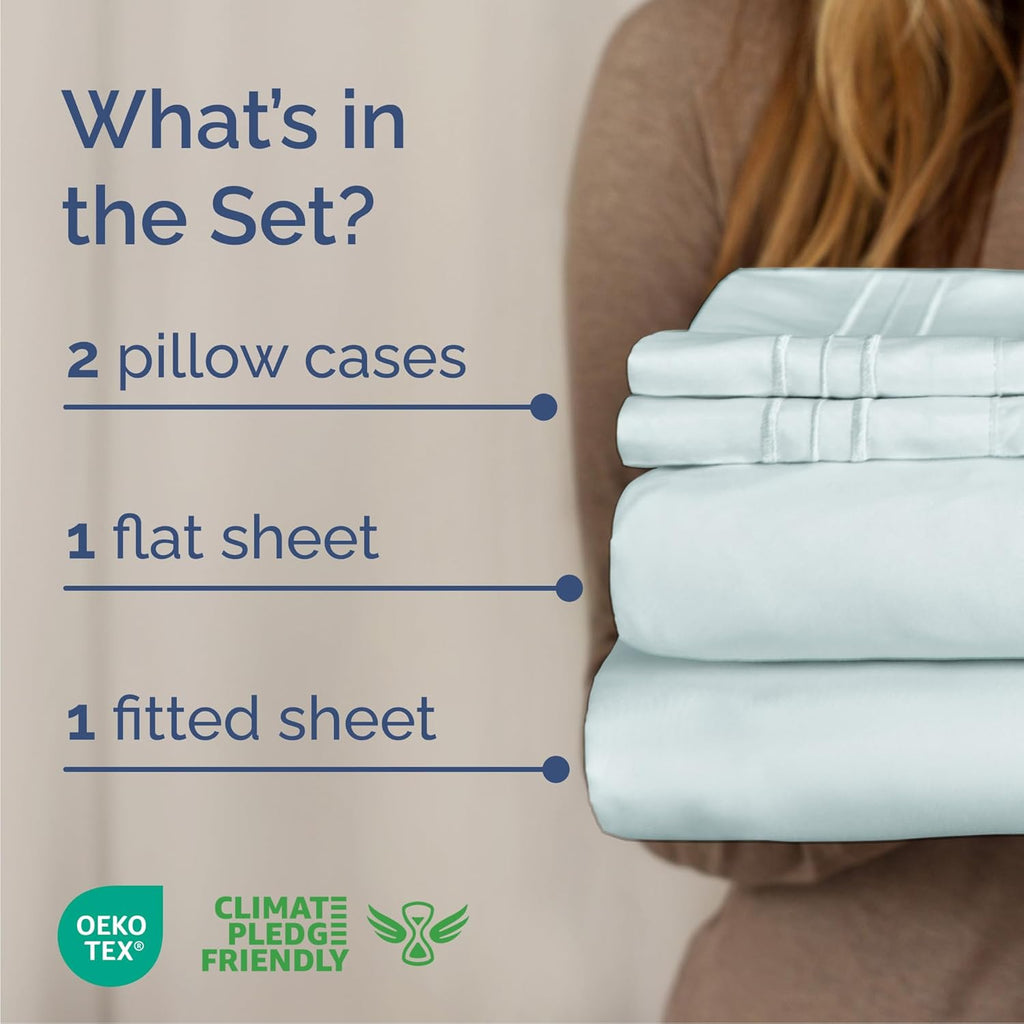 Queen Size 4 Piece Sheet Set - Comfy Breathable & Cooling Bed Sheets Set - Hotel Luxury Bedding for Women, Men, Kids, Teens, Boys & Girls - Deep Pockets, Ultra-Soft, Wrinkle Free - Oeko-Tex - Ice Blue
