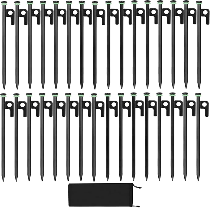 32Pcs Tent Stakes, 8in Heavy Duty Tent Stakes with Storage Pouch, Forged Steel Tent Sakes Metal, Metal Stakes for Tent Used on Grassland, Snowfield, Dessert(32Pcs, 8in, Diameter 3/8")