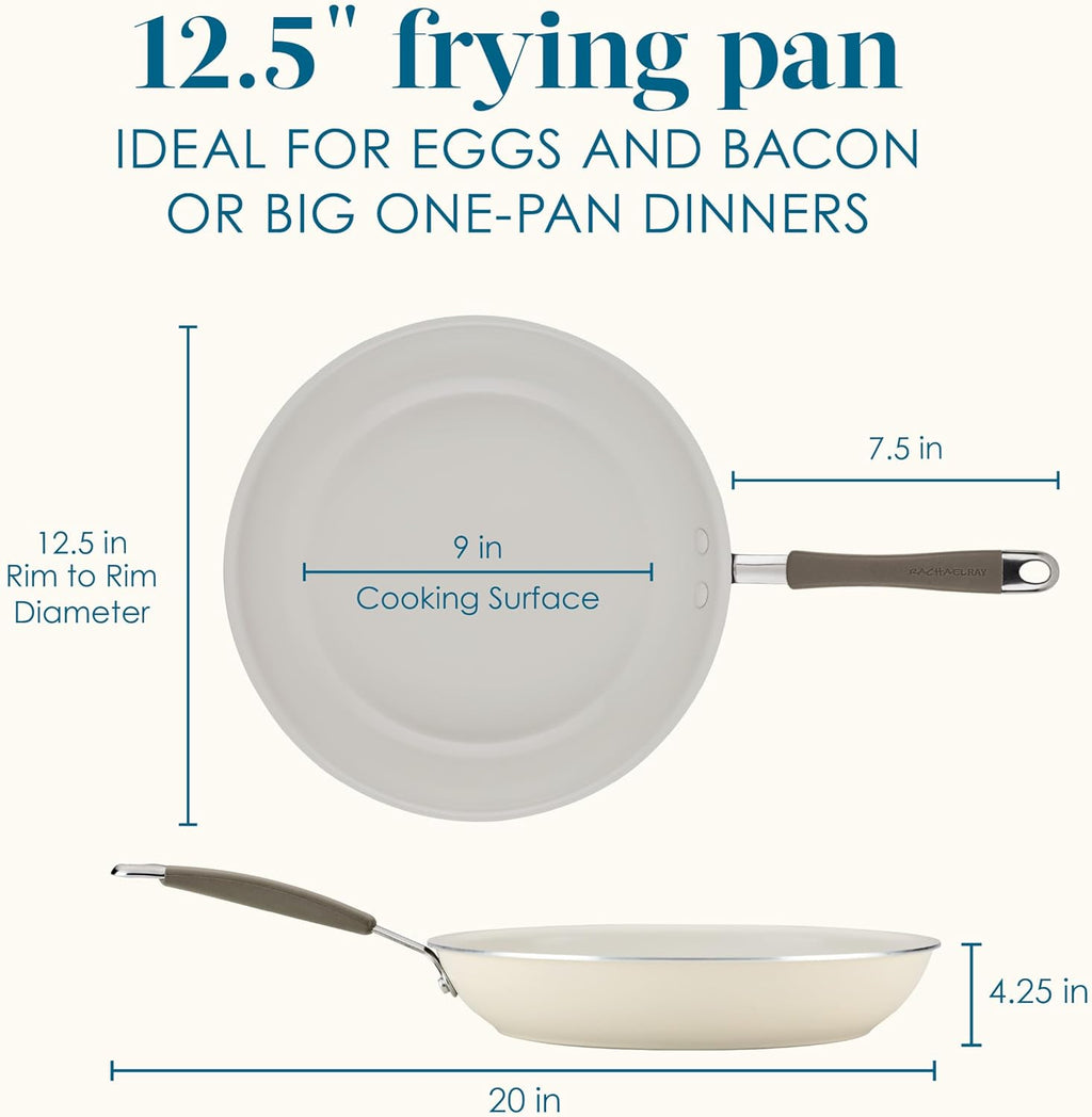 Rachael Ray Cucina Ceramic Nonstick Frying Pan/Skillet, 12.5 Inch Non Stick Open Fry Pan, Dishwasher Safe - Almond