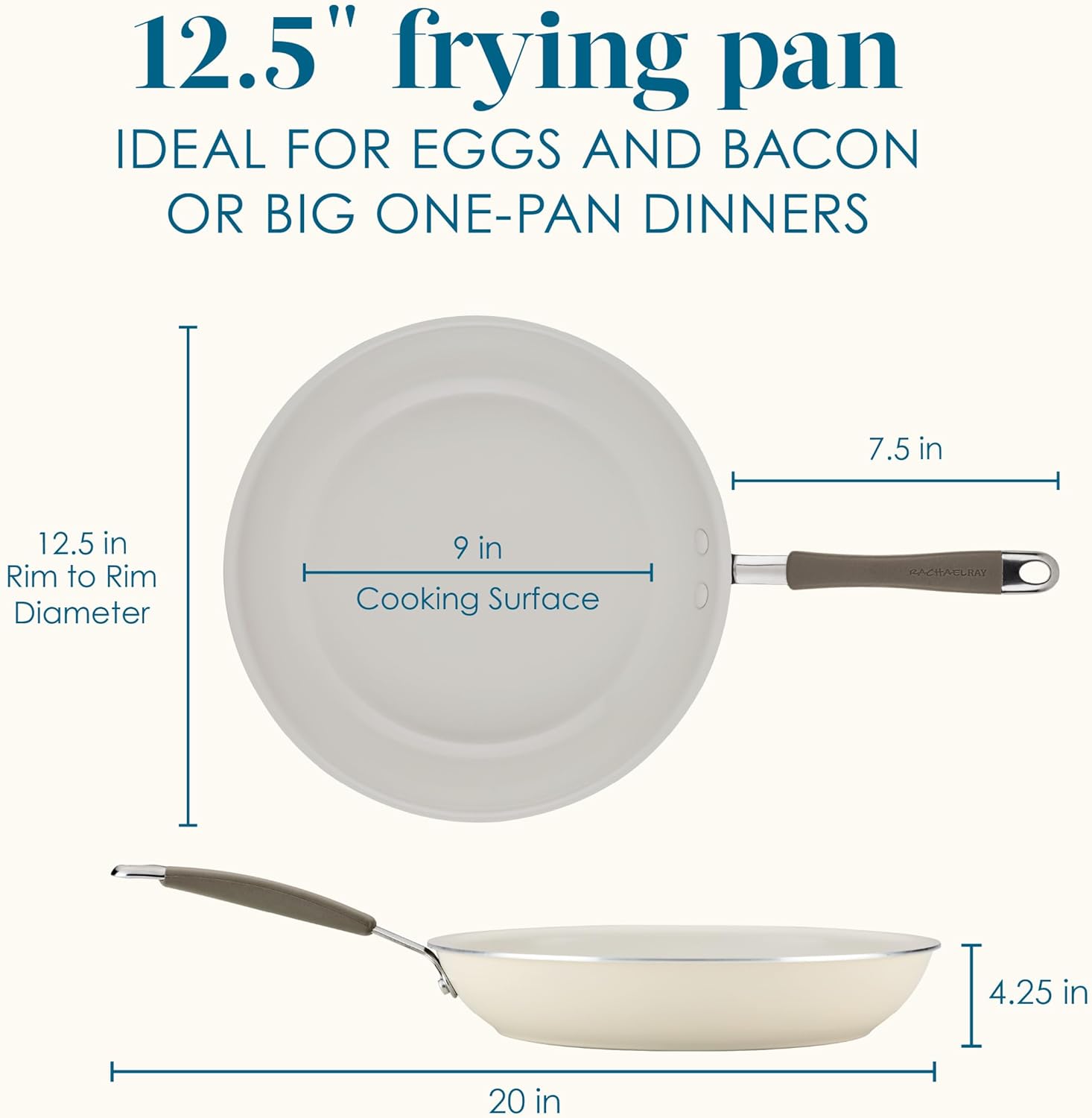 Rachael Ray Cucina Ceramic Nonstick Frying Pan/Skillet, 12.5 Inch Non Stick Open Fry Pan, Dishwasher Safe - Almond