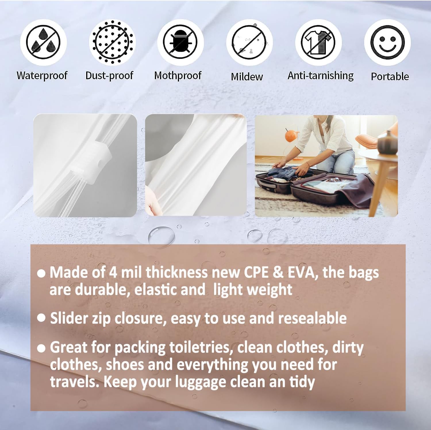 (20 pcs, 4 Sizes) Travel Luggage Organizer Bags, 4 Mil Slider Zip Plastic Clothing Packaging Bags, Travel/Home Storage and organizing pouches, Space Saver Bag (6''x9''-14‘’x18'')