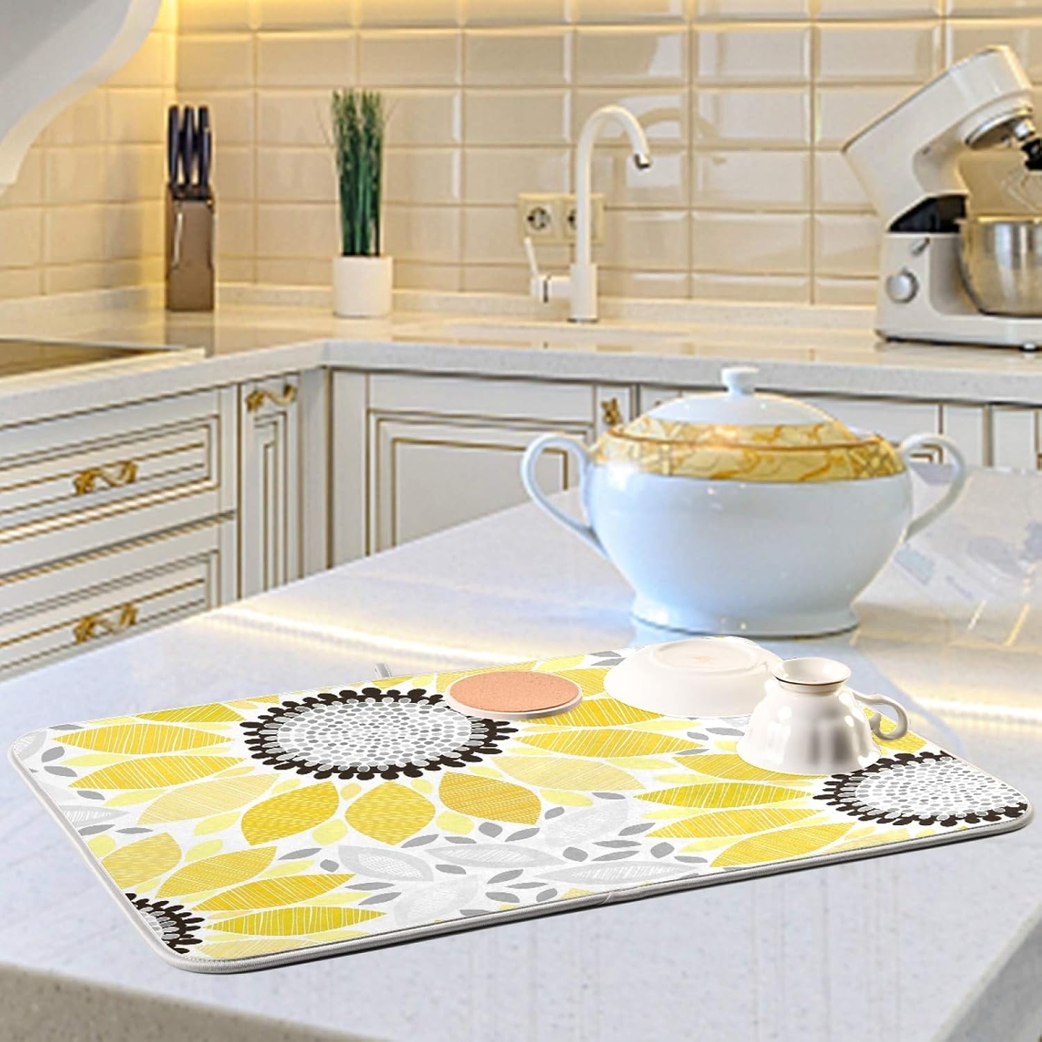 Super Absorbent Dish Drying Mat, Microfiber Fast-Drying Dish Mat, 16" x 18", Kitchen Dish Drying Pad, Sunflowers