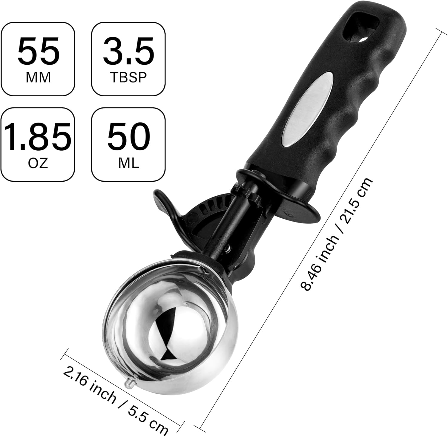 3.5 Tbsp Cookie Scoop, Ice Cream Scoop with Thumb Trigger, 3.5 Tablespoon Cookie Dough Scoop, Melon Baller Scoop, Comfortable Grip, Non-Slip, Portion Scoop 55 mm