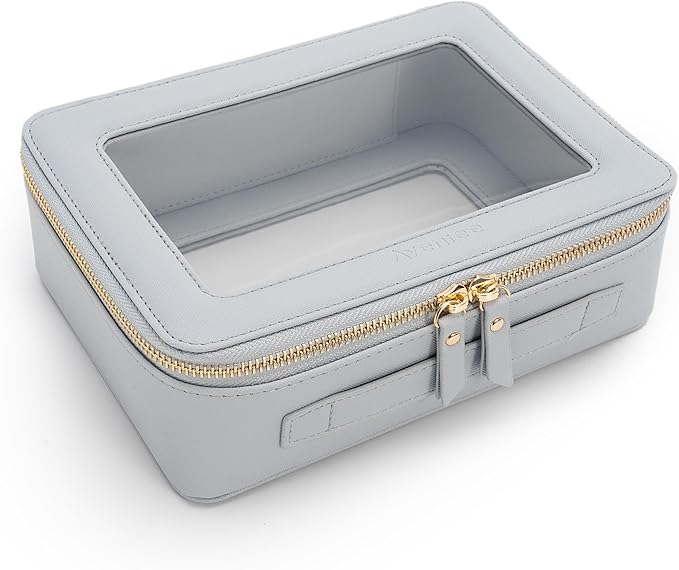 Aveniee Clear Makeup Bag for Women, Cosmetic Bags Travel Toiletry Bag Organizer, Makeup Train Case with Clear Windows & Gold Zippers(Pearl Blue)