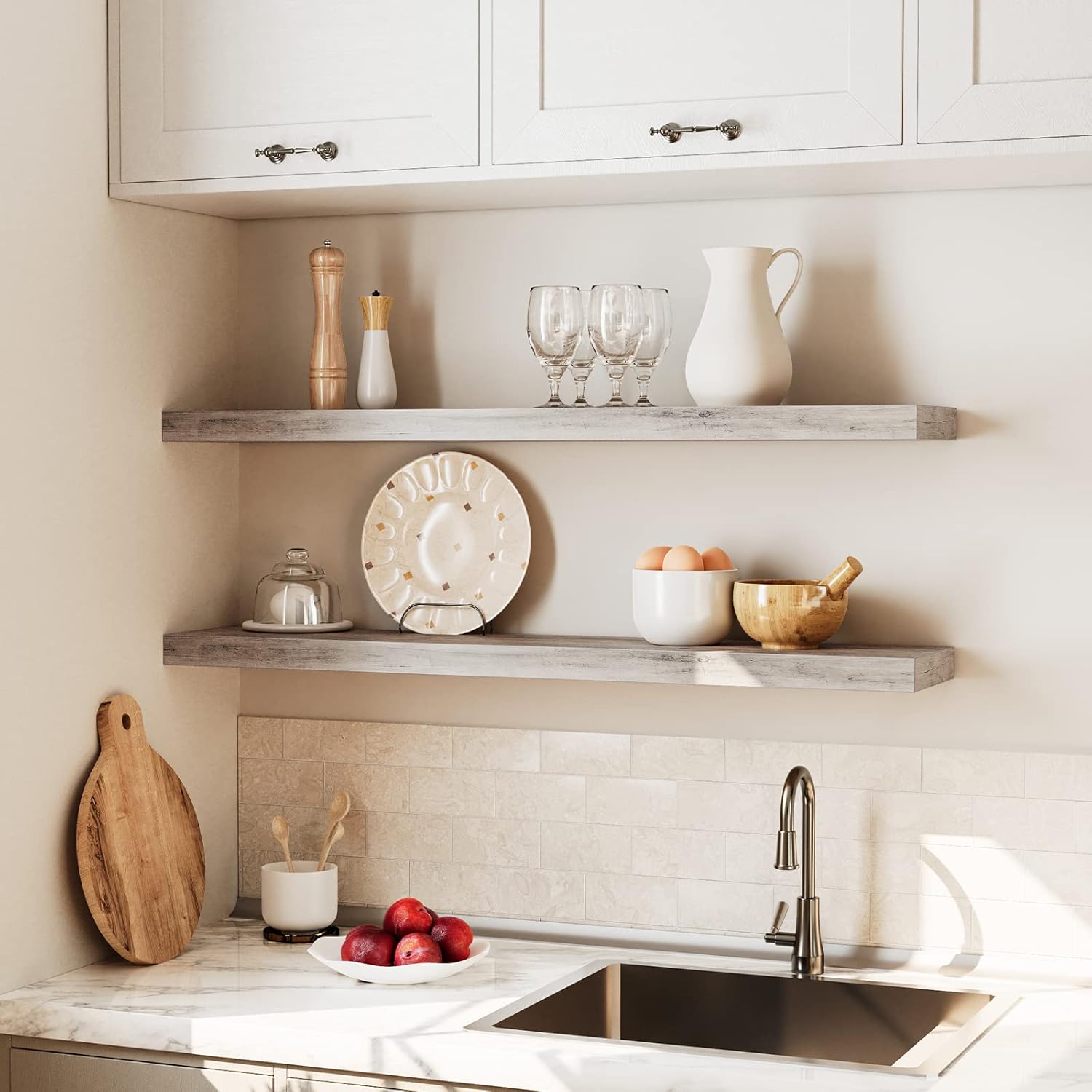 HOOBRO Floating Shelves for Wall, Wall Mounted Shelf Set of 2, 39.4" Hanging Shelf with Invisible Brackets, for Wall in Bathroom, Bedroom, Toilet, Kitchen, Livingroom, Office, Greige BG100BJP201