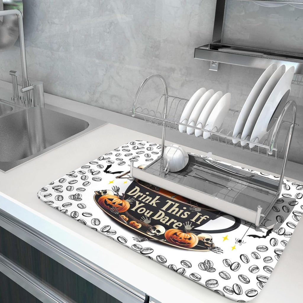 Skull Dead Coffee Mat Funny Dish Drying Pad for Kitchen Counter Absorbent Coffee Bar Accessories 18 X 24 Inch