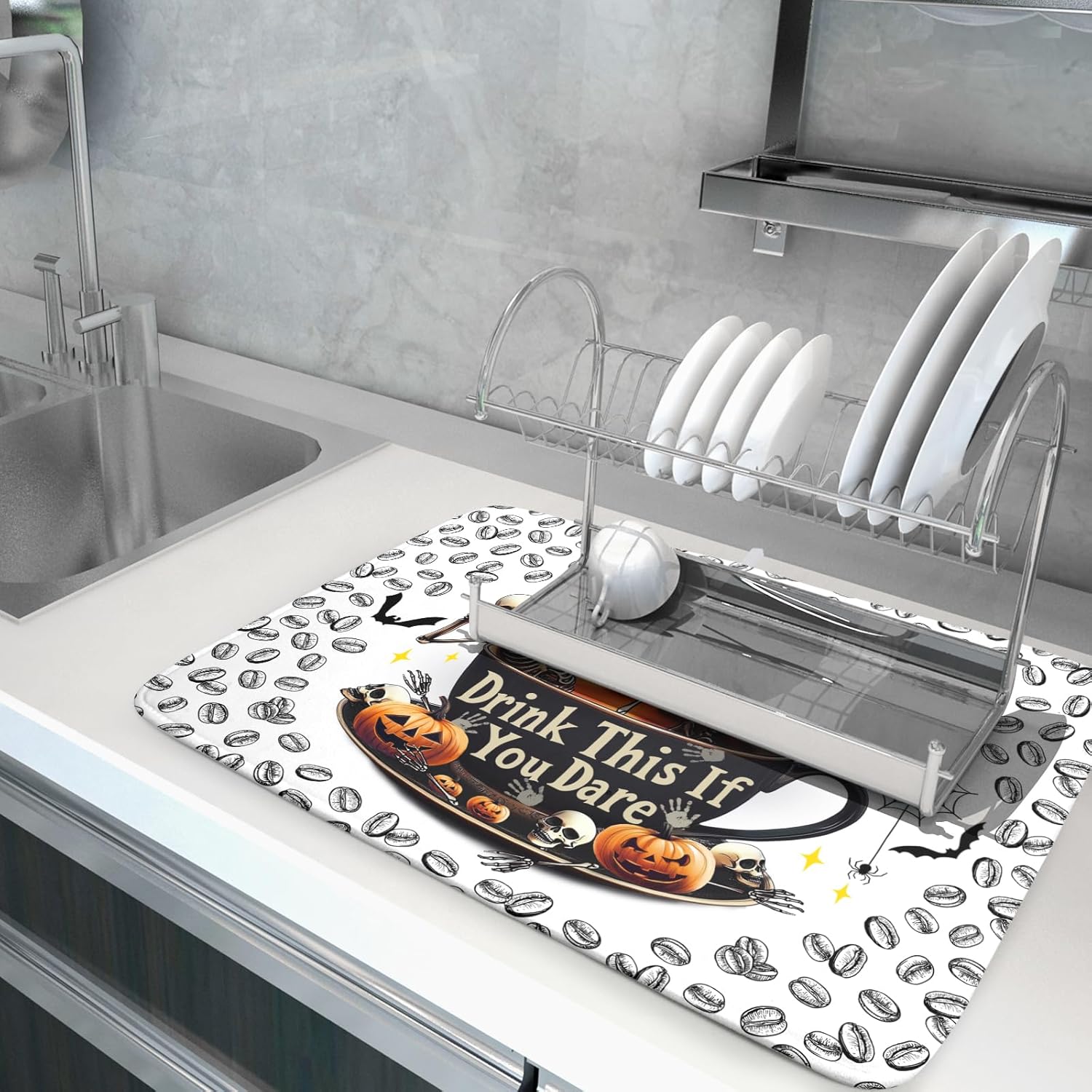 Skull Dead Coffee Mat Funny Dish Drying Pad for Kitchen Counter Absorbent Coffee Bar Accessories 18 X 24 Inch