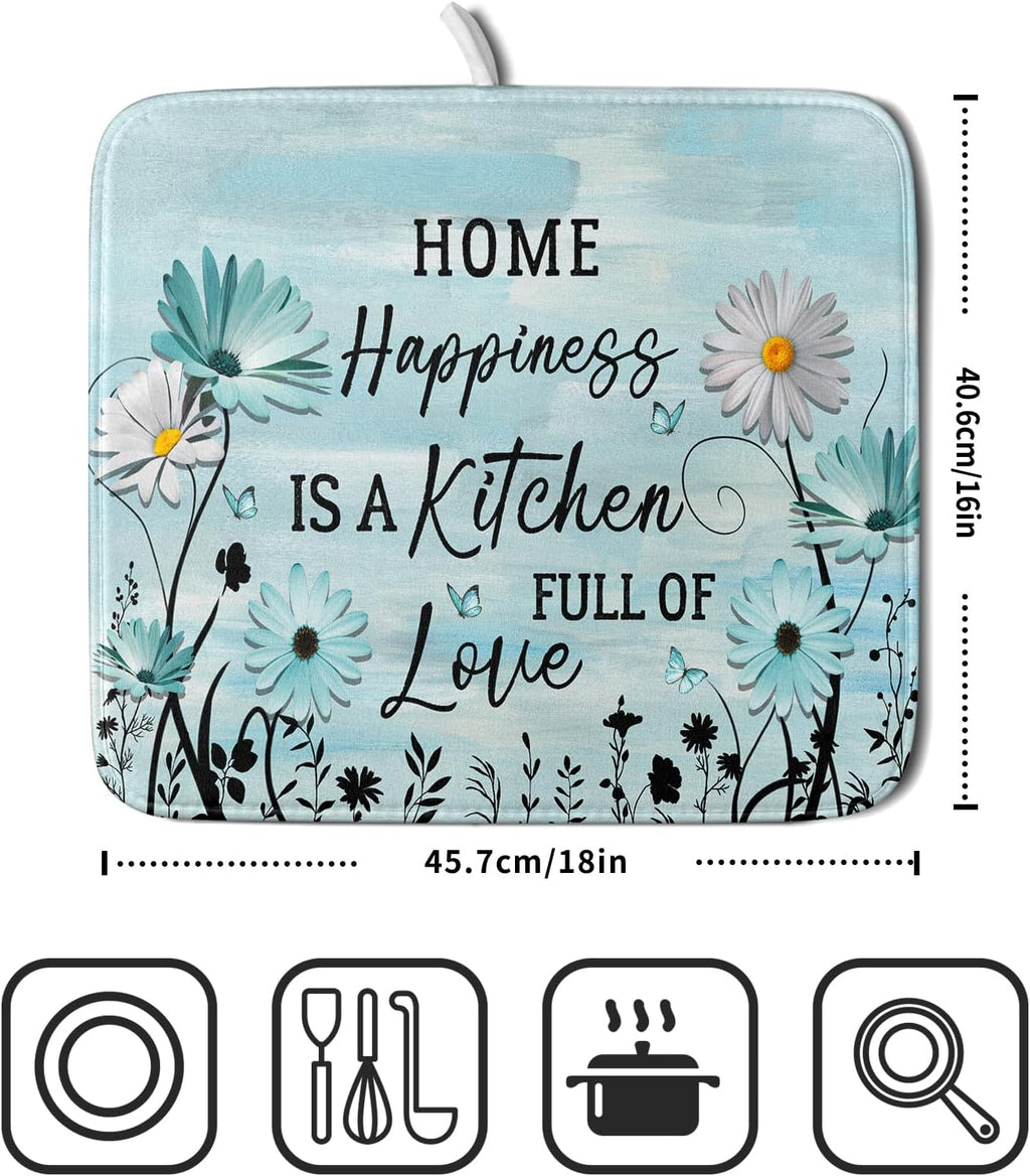 Blue Daisy Dish Drying Mat 16x18 Inch Love Kitchen Absorbent Microfiber Washable Fast Drying Pad Dishes Rack Mat for Kitchen Counter