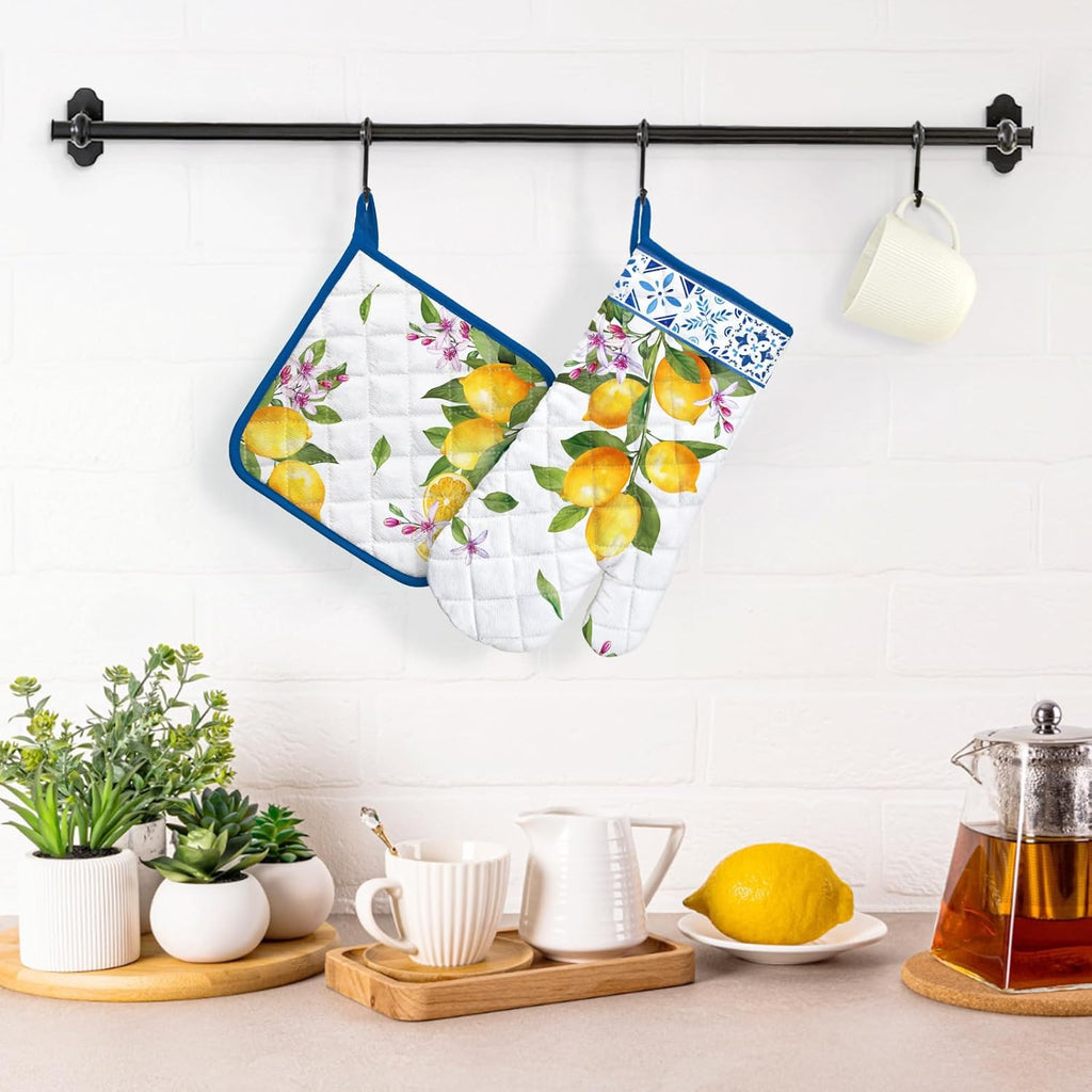 Summer Lemon Oven Mitts and Pot Holders Sets 2Pcs, 100% Cotton Heat Resistant, Extra Long Oven Gloves Potholder for Kitchen Cooking Baking Decoration