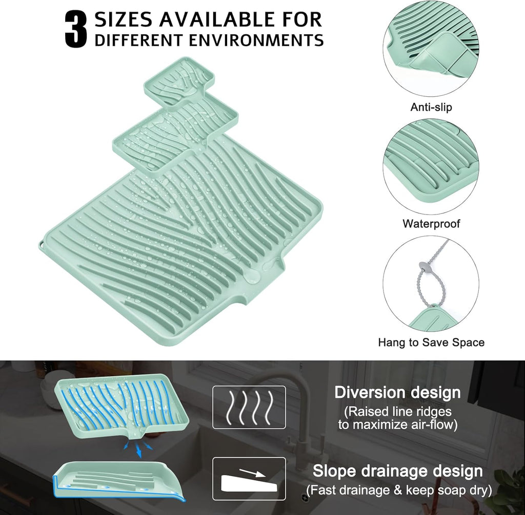 Silicone Dish Drying Mat for Kitchen Counter, Dish Drying Pad, Non-Slip Drain Pad with Built-in Drain, Heat Resistant Stone Drying Mat, 3 pcs (Mint)