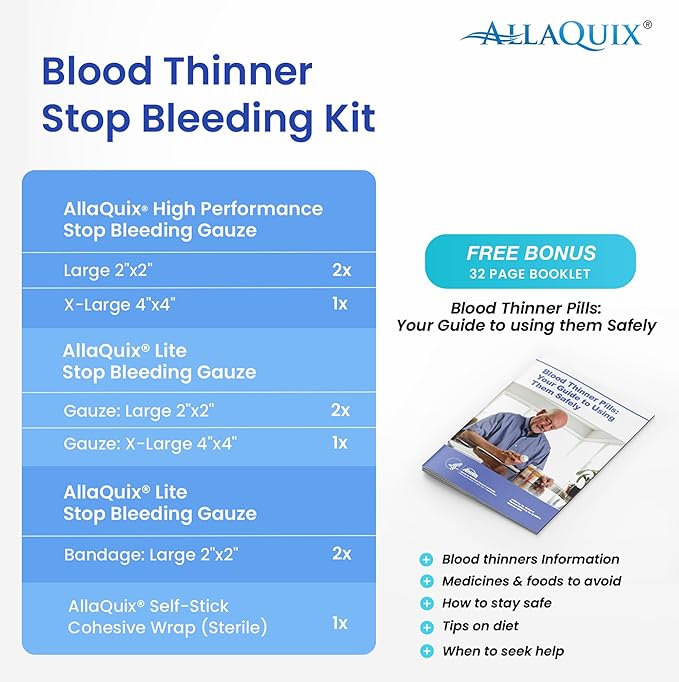 Blood Thinner Stop Bleeding Kit with AllaQuix Stop Bleeding Gauze (Hemostatic Bandage – Blood clotting Bandage)