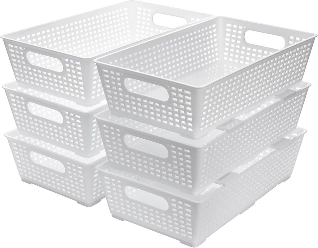 Stackable Woven Plastic Basket, Storage Bins for Cabinet, Closet, Shelf, Under Sink and Countertop, Pantry Organizer Bins, 6 Pack