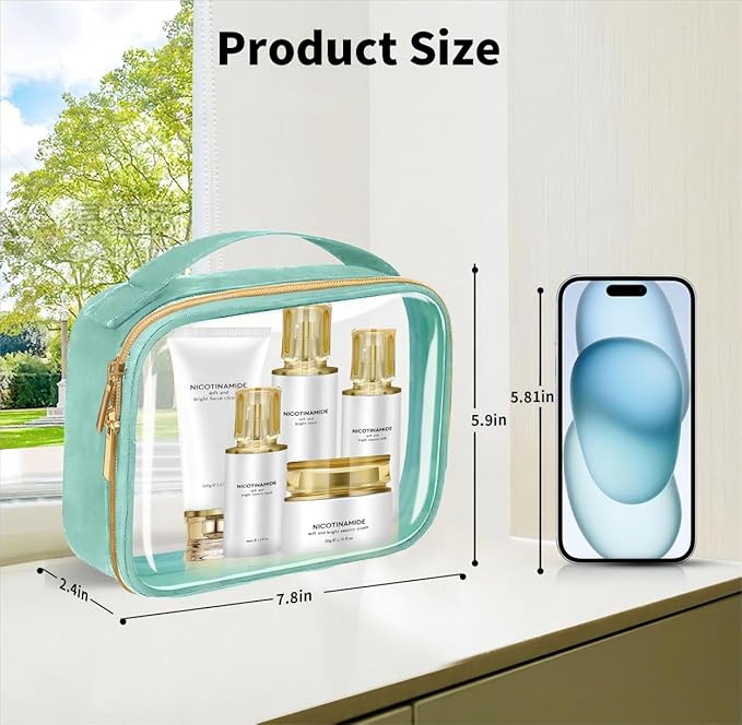 TSA Approved Travel Toiletry Bag,3 Pack Clear Makeup Bags with Handles,Quart Size Clear Cosmetic Bags for Traveling Women,Men,Carry on Airport Airline Compliant Bag,Green