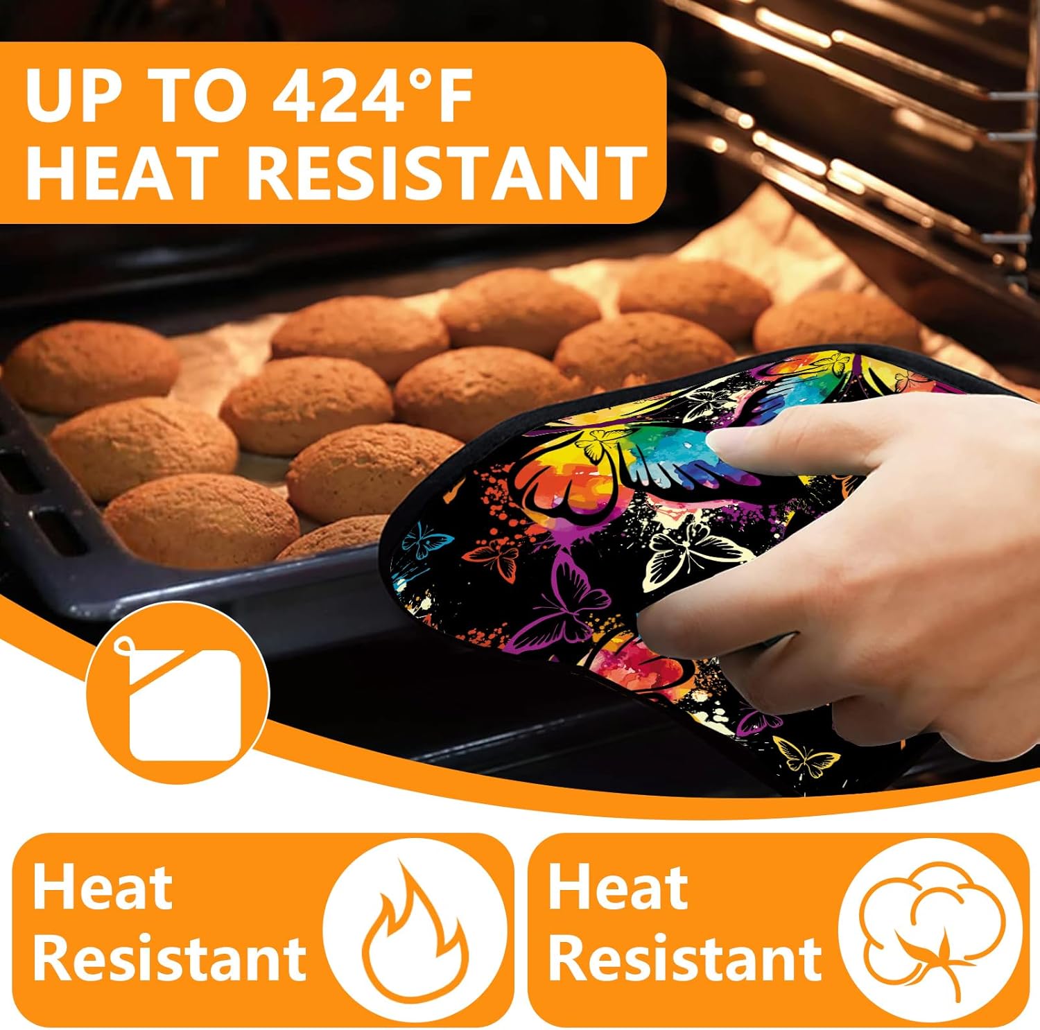 Colorful Butterfly Oven Mitts and Pot Holders Sets 4Pcs,Extra Long Oven Gloves Potholder for Kitchen Cooking Baking BBQ 100% Cotton Heat Resistant