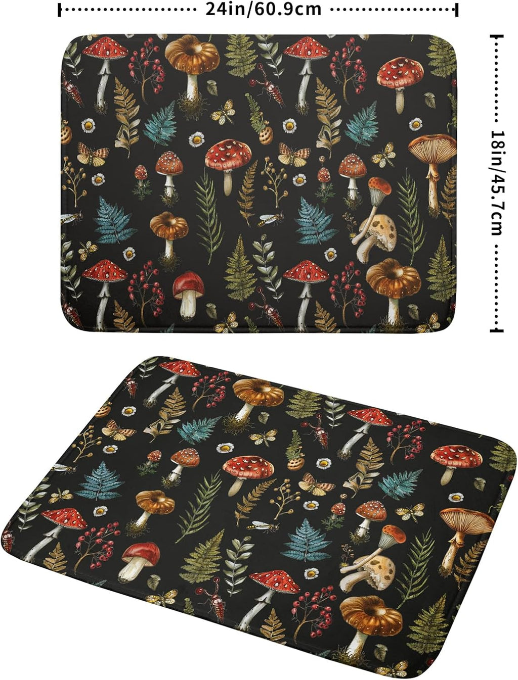 Natural Botanical Dish Drying Mat Mushroom Fern Leaves Berry Drainer Mat Black Drying Pad for Countertop 18 X 24 Inch